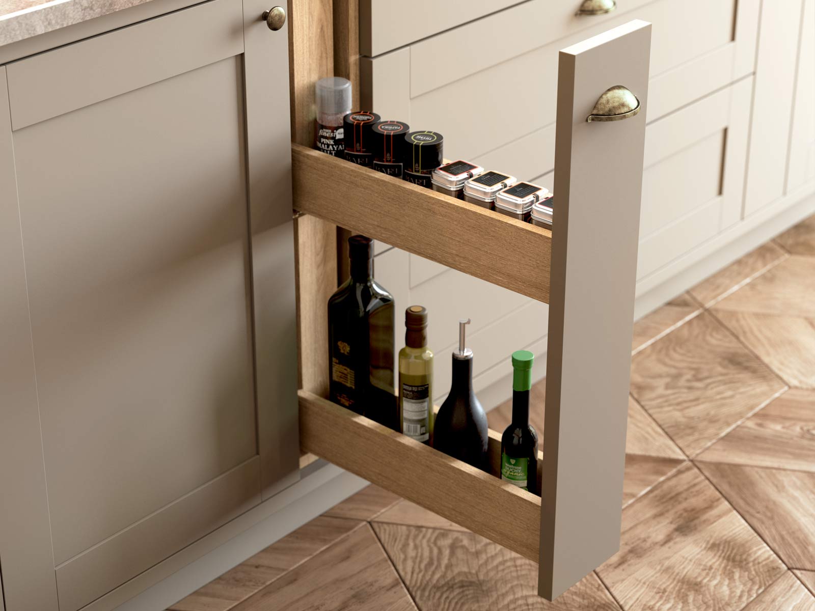 Pull-out larder spice rack in a Shaker kitchen