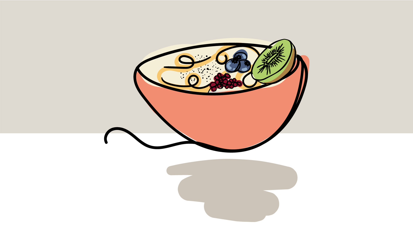A bowl of summer porridge, full of oats, blueberries, kiwi fruit and pomegranate