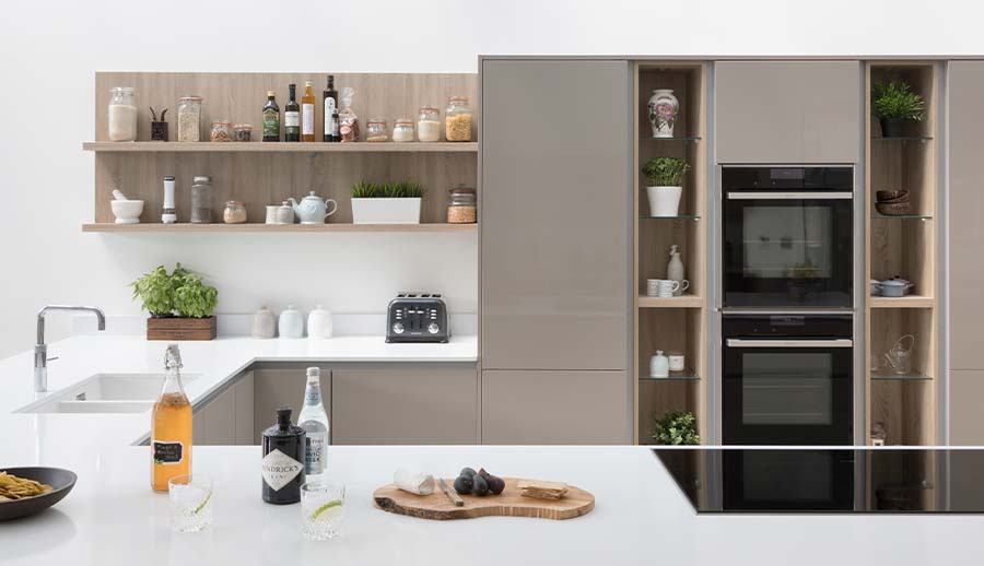 Open shelving in a modern handleless kitchen