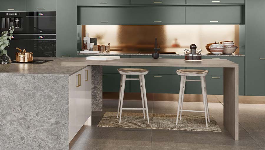 Modern green kitchen with metallic accents