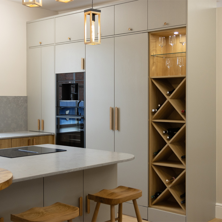 Modern Scandi kitchen with a wine rack