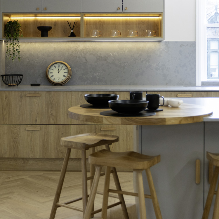 Modern Scandi kitchen with open shelving