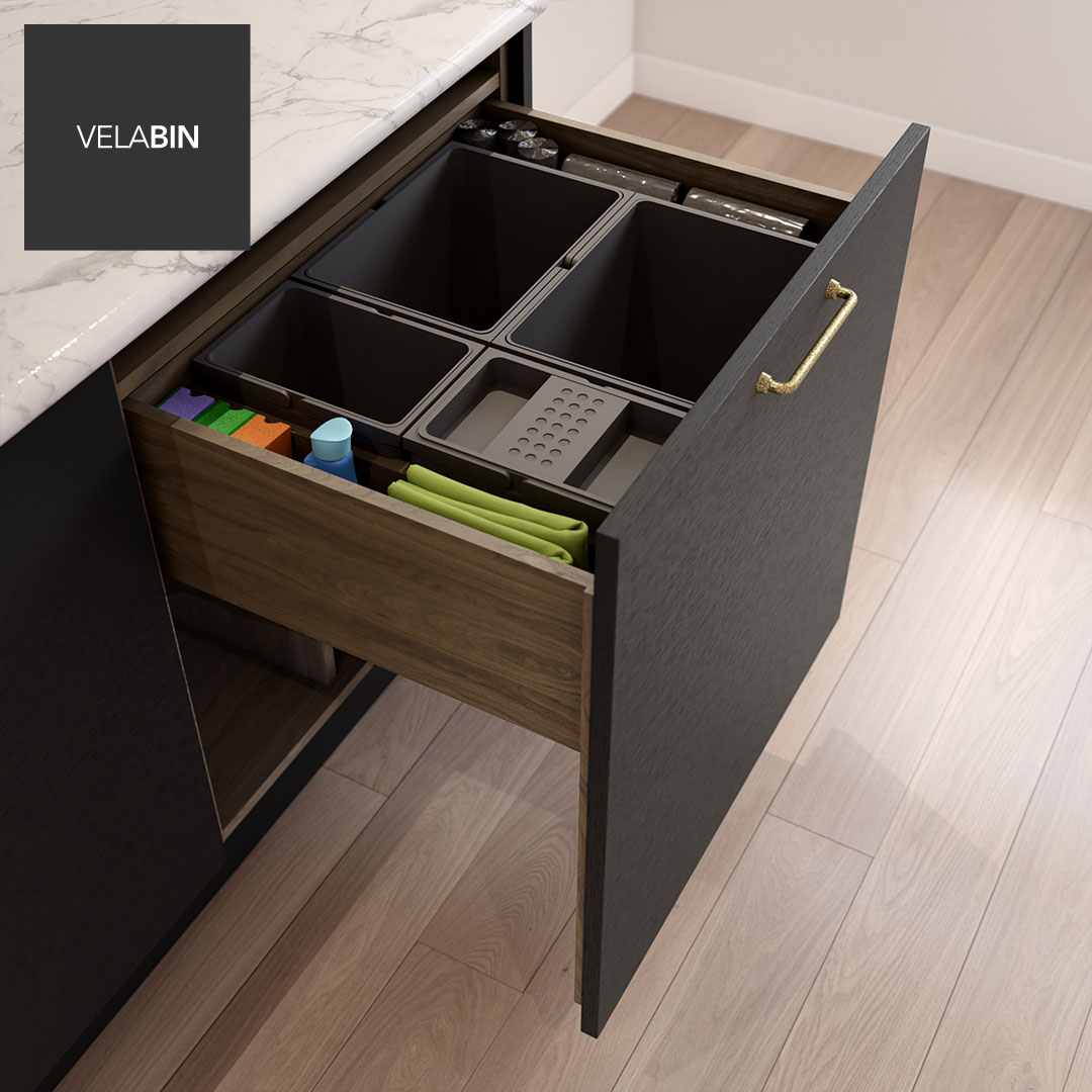 Velabin integrated kitchen bin in Portland Oak