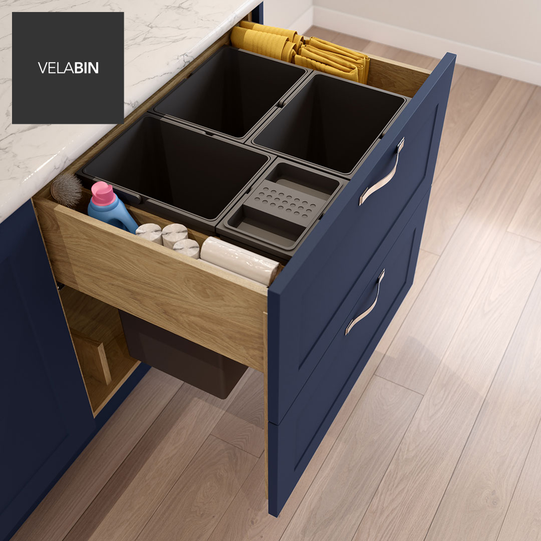 Velabin integrated kitchen bin in Anthracite Linen