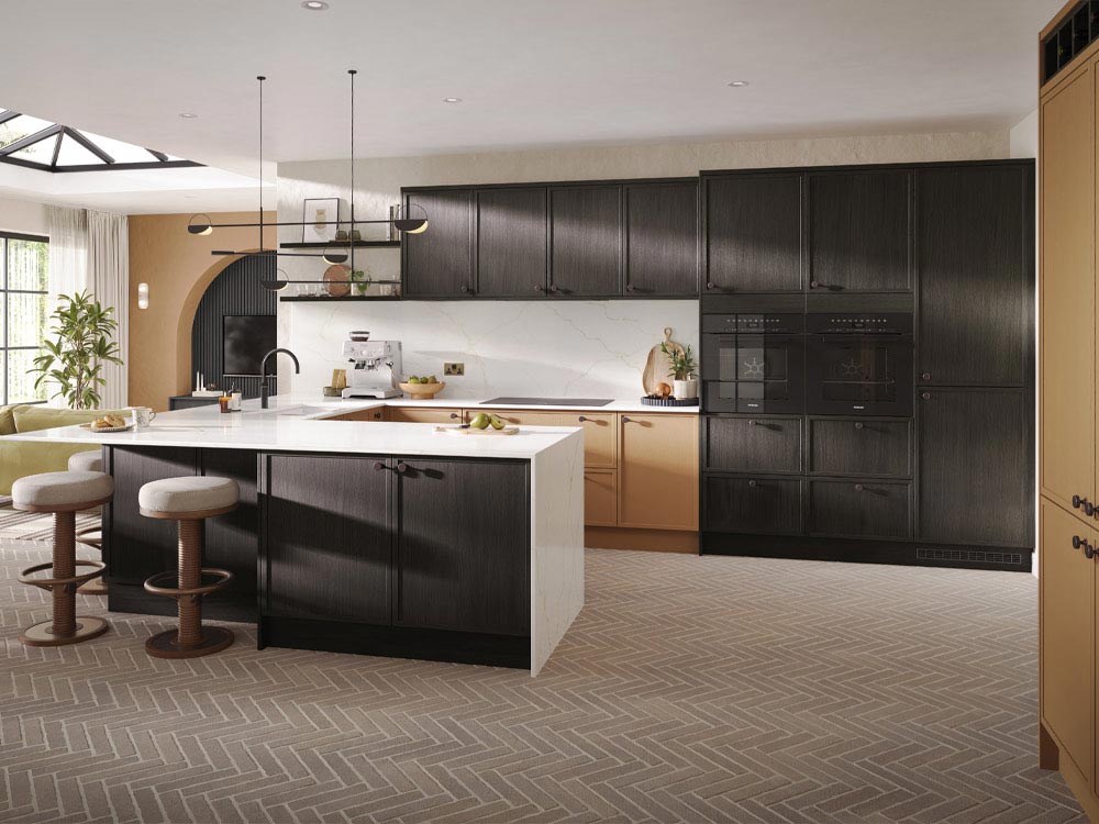 A skinny Shaker kitchen in dark wood and orange