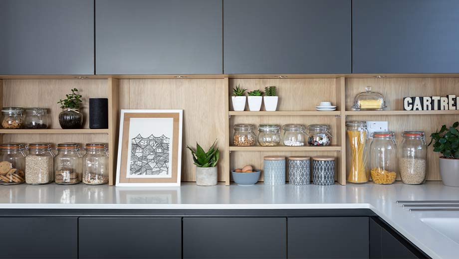 Kitchen shelves feature in a modern kitchen