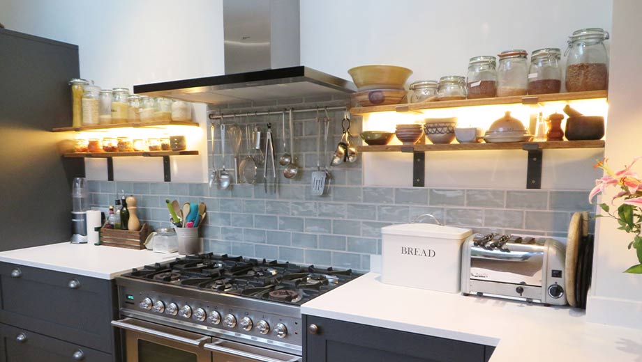 Grey shaker with kitchen shelves