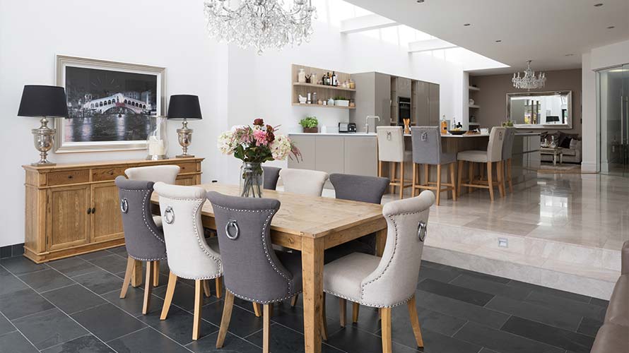 Modern open plan kitchen with dining area