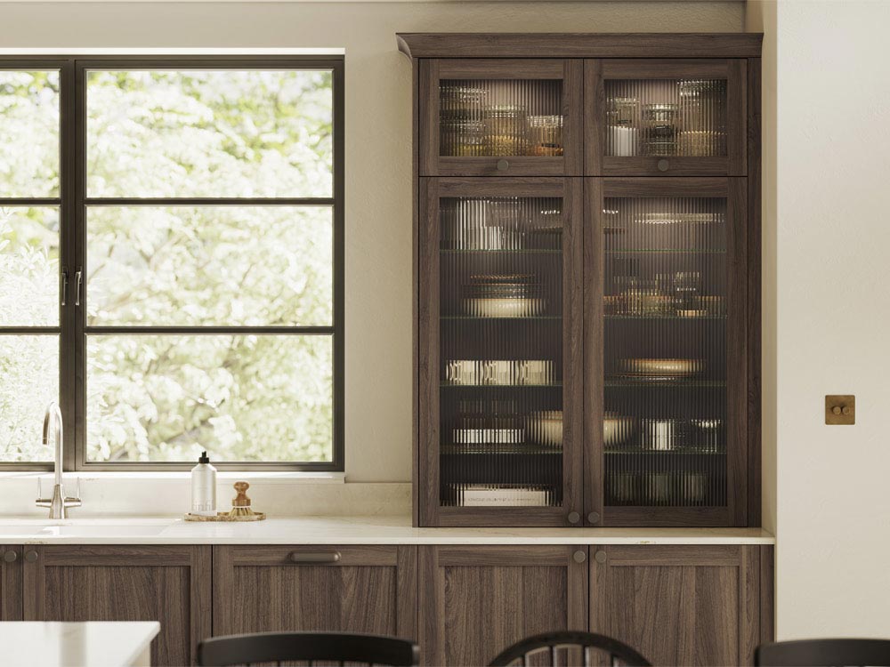 Dark wood slim Shaker tall glass display cabinet