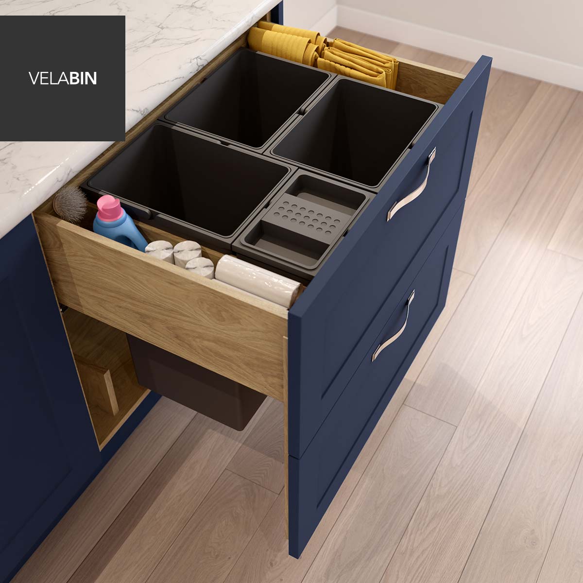 Velabin integrated kitchen bin in Anthracite Linen