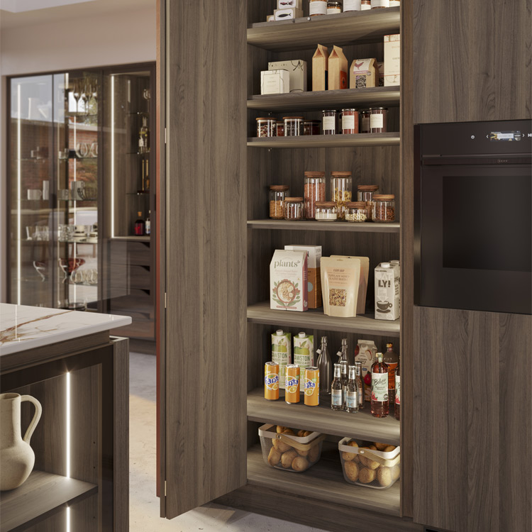 A wooden larder in a modern red kitchen