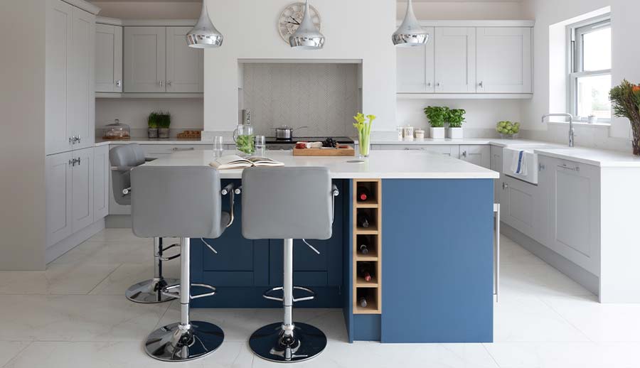 Contemporary shaker kitchen with blue kitchen island
