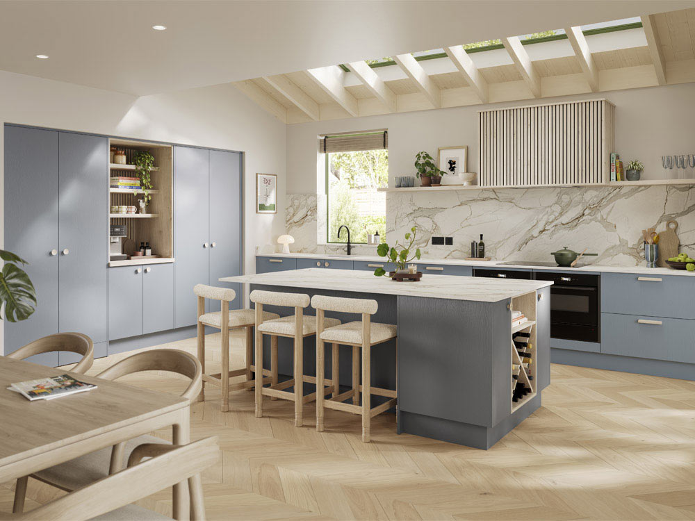 Modern grey kitchen with light wood handles