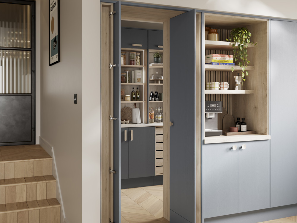 Siena modern kitchen open shelving and cabinets