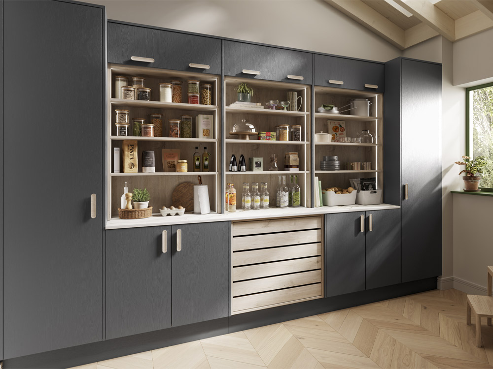 Siena modern kitchen shelving and crate drawers amidst grey cabinets