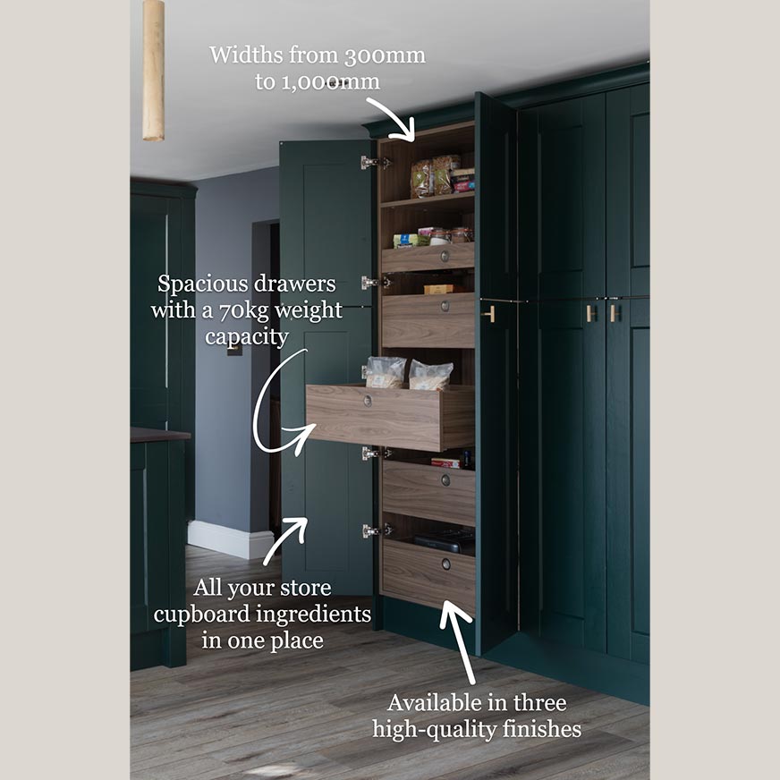 Pull-out larder unit with drawers in dark green kitchen