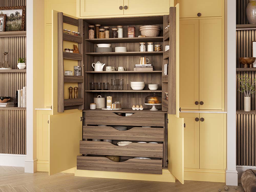 Bloomsbury Slim Shaker Kitchen in Butter Yellow with a Butler's Pantry in Tuscan Walnut
