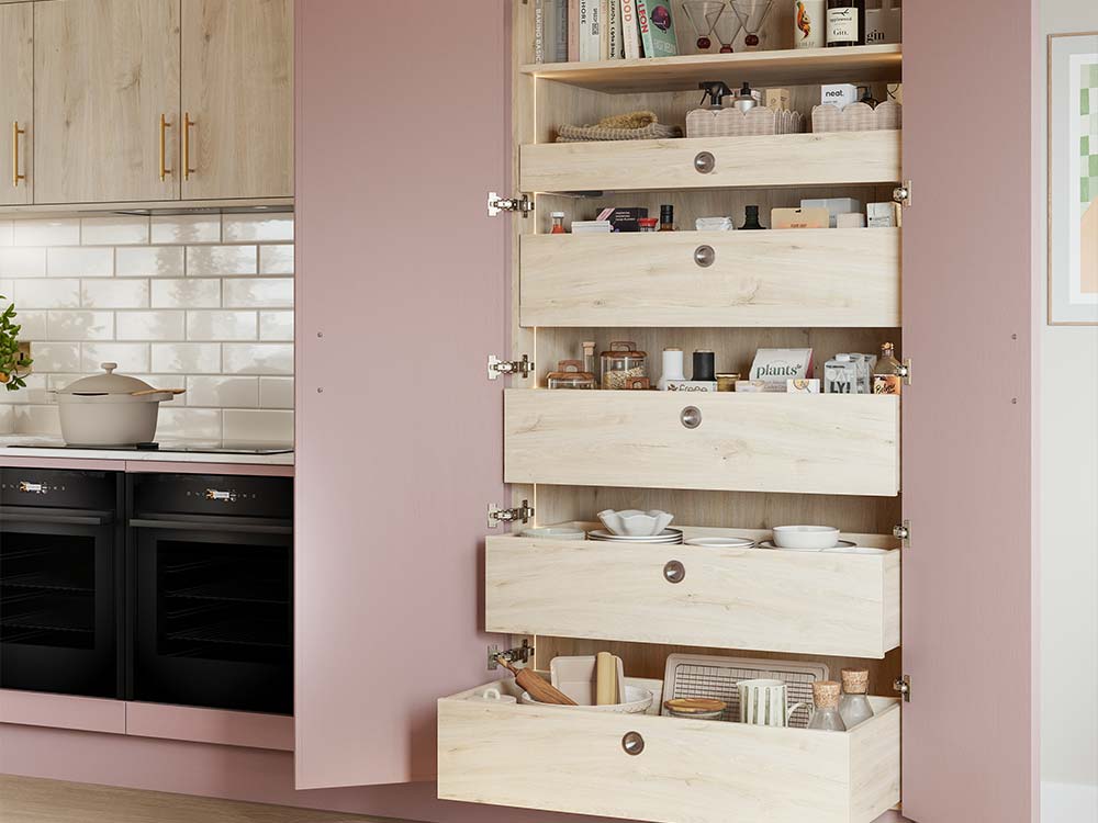 Oslo Pink and Light Oak Micro Shaker Kitchen