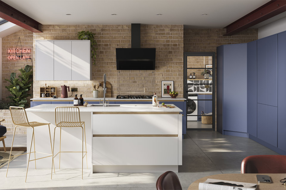 An on-trend kitchen in blue, matching trending kitchen colours