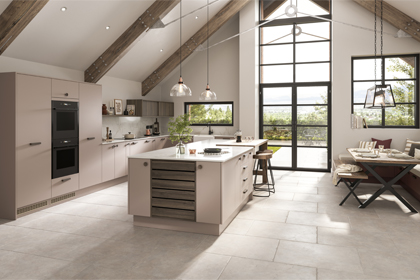 A trending pink kitchen with modern doors