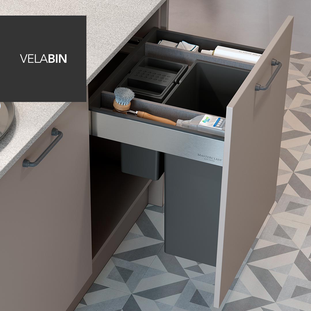 Velabin integrated kitchen bin in Anthracite Linen