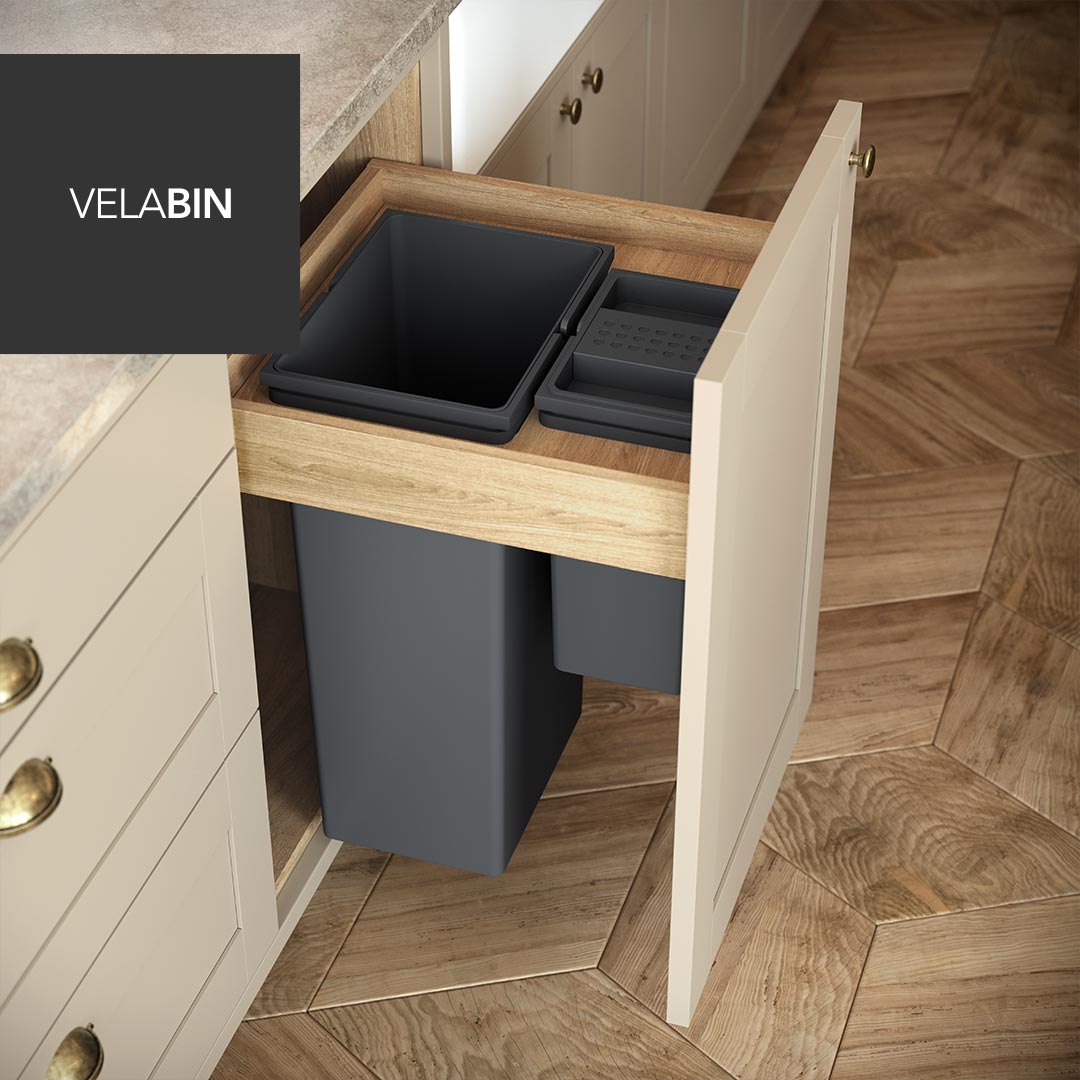 Velabin integrated kitchen bin in Portland Oak