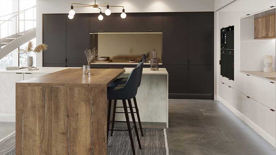 Wood textured worktops and breakfast bar in a modern kitchen