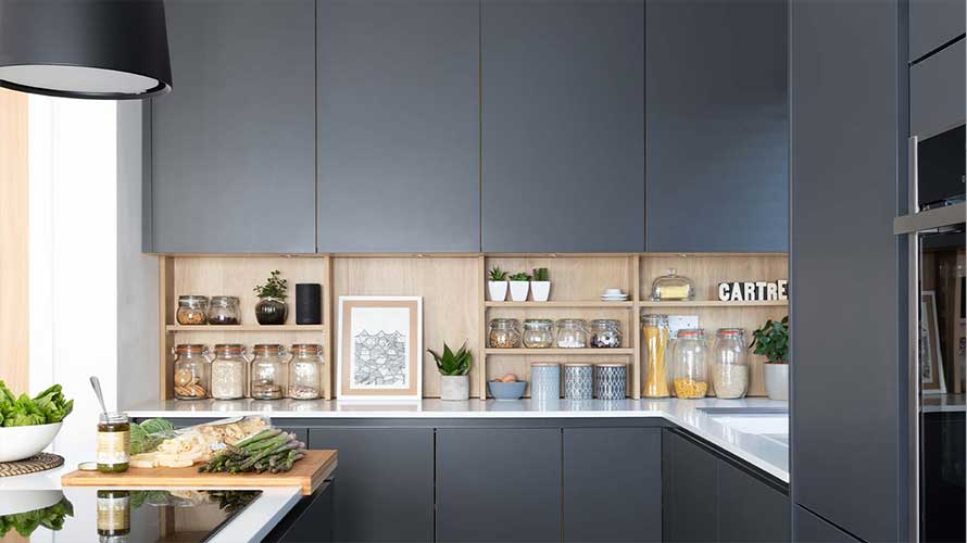 Wood finish open shelving in a modern dark kitchen