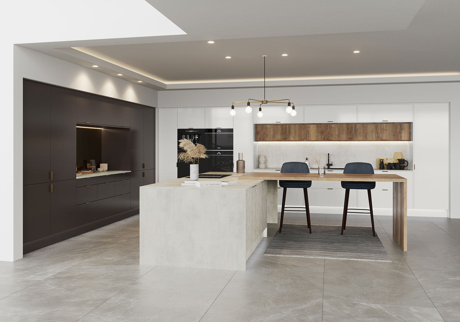 Dark brown and bronze modern kitchen